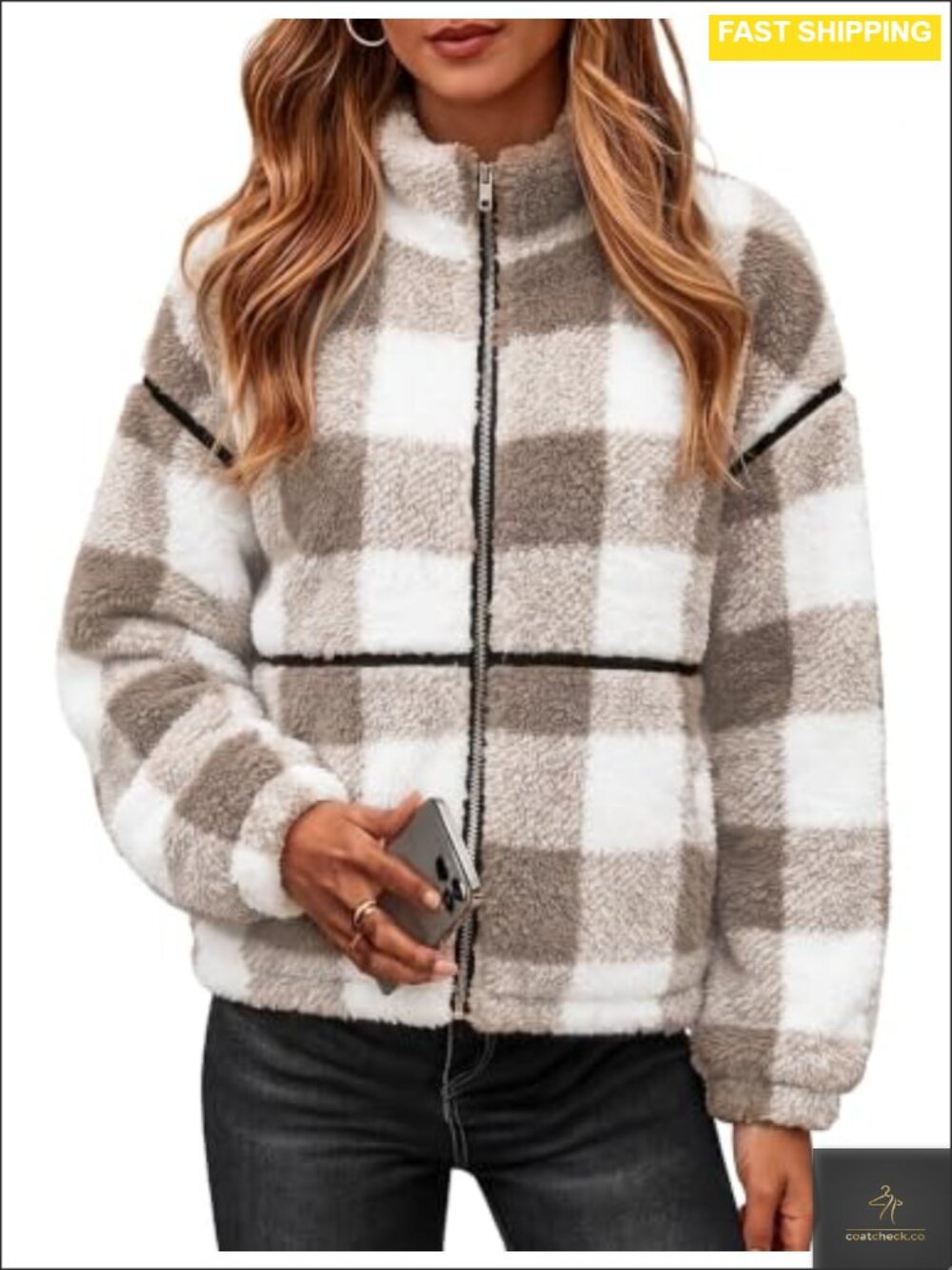Sherpa Fleece Zip Up Winter Coat Oversized Fit Stand Collar Womens